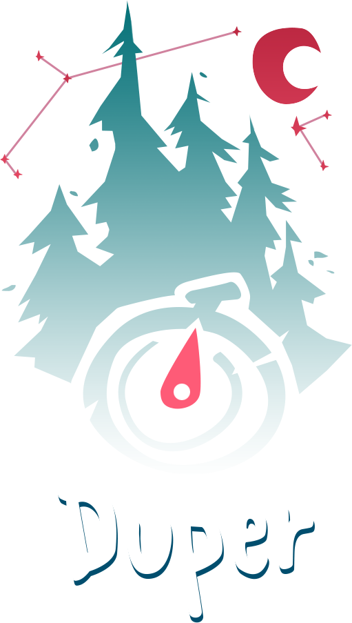 Duper Logo A moon illuminated forest with a compass
